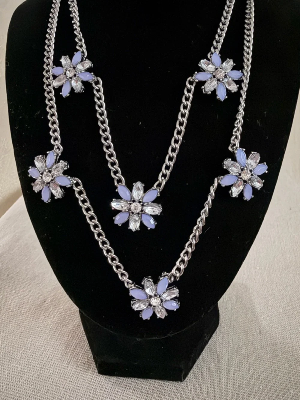 Silver Chain Multi-Flower Necklace with Lavender Crystal Petals